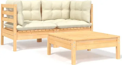 Produktbild von 3-tlg. Garten-Lounge-Set mit Kissen in Creme Massivholz Kiefer
