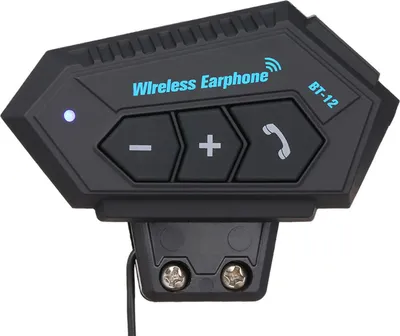 Close-up of a black wireless earphone headset for a motorcycle helmet.