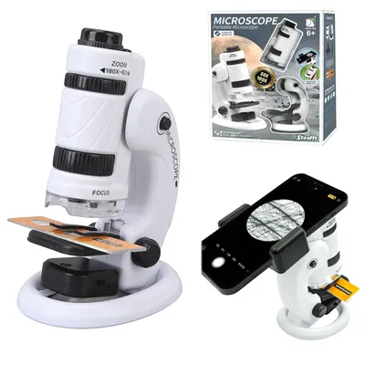 Immagine prodotto di Microscopio per bambini COIL, microscopio portatile, microscopio didattico, microscopio digitale, supporto per smartphone, obiettivo 60x-180x, LED, a partire da 6 anni, bianco