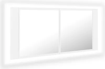 A white LED bathroom mirror cabinet with two mirrored sections, presented against a white background with a subtle glow.