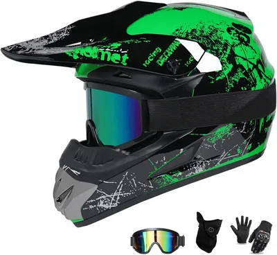 Produktbild von Integralhelm fš¹r Motocross mit grš¹n-orangefarbenem Blumenmuster, inklusive Brille, Handschuhen und Visier, erh?ltlich in 4 Gr??en, XL.