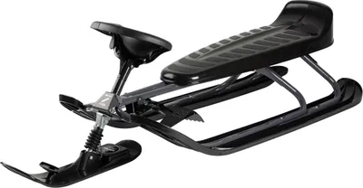 A black and gray snow racer with a steering wheel and seat, shown from a side angle on a white background.