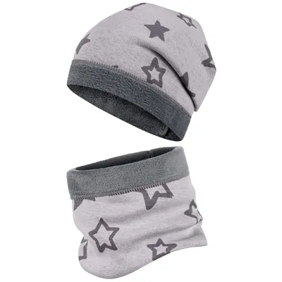 Produktbild von Jungen Mädchen Wintermütze + Schlauchschal Winterset Beanie Snood, Gr. 50-52, Grau