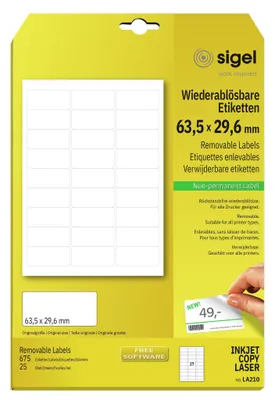 Produktbild von SIGEL LA210 Wiederablösbare Etiketten, 63,5 x 29,6 mm, weiß, 675 Etiketten