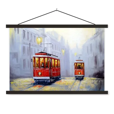 Produktbild von MuchoWow® Textilposter Gemälde - Straßenbahn - Stadt - Öl 120x80 cm mit schwarzem Rahmen - Wanddeko
