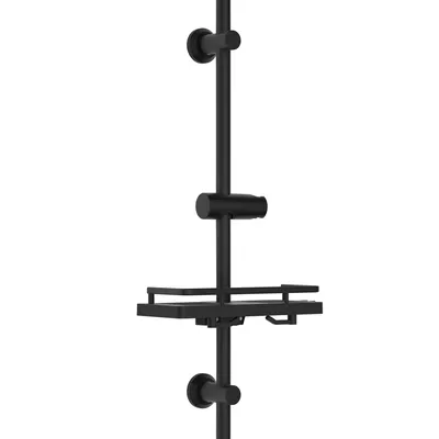 A black shower rail with a shower head holder and a shower shelf, isolated on a white background.