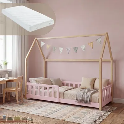 Produktbild von Hausbett ‘Hesel’ für Kinder mit Matratze und Rausfallschutz 90 x 200 cm Kiefernholz Rosa/Natur