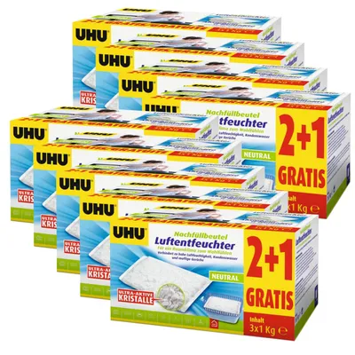 A stack of UHU Luftentfeuchter Nachfüllbeutel (air freshener refill bags) packaging.