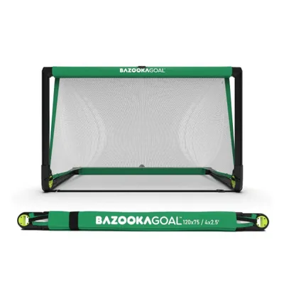 A green and black Bazooka soccer goal is shown in its upright and folded positions against a white background.