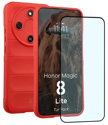 Produktbild von Robuste Handyhülle + gehärtetem Glas für Honor Magic8 Lite, Bizon Tur Pack, Rot