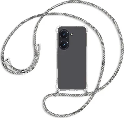 Produktbild von Handykette Backcover-Schutzhülle mit Band (Metall silberfarben) für Asus Zenfone 9 / Zenfone 10 (5.9'') - weiß/grau kariert