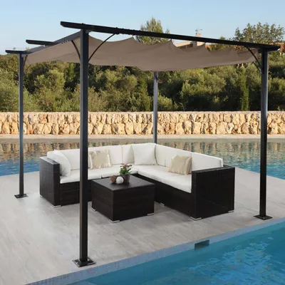 Obrázek produktu pro Pergola HWC-C42, zahradní pavilon, robustní 6cm rám + posuvná střecha  3,5x3,5 m taupe-hnědá barva