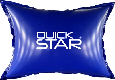 A blue inflatable pool cushion with the brand name 'QUICK STAR' printed on it.