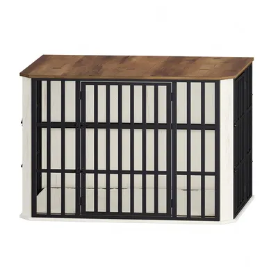 Produktbild von Hundekäfig Möbel, Hundebox Möbel, Mehrtür-Design, Weiß Braun | Hundebox aus Holz für den Innenbereich mit Futtertür Oben