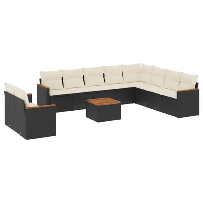 Produktbild von 11-tlg. Garten-Lounge-Set, modular, Poly Rattan Schwarz, Akazienholz-Tisch, pulverbeschichteter Stahl, UV-beständig, Cremeweiß Kissen