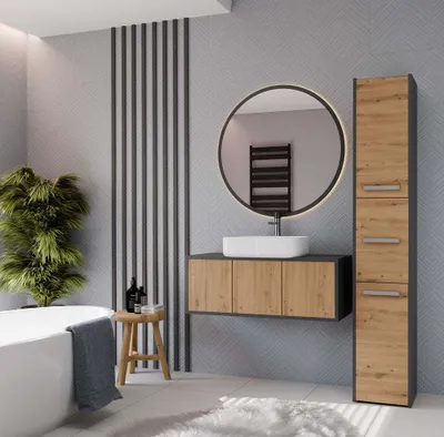 Imagen del producto de Mueble de baño moderno POST con 3 puertas, compacto y funcional. Color: antracita y roble "Artisan"