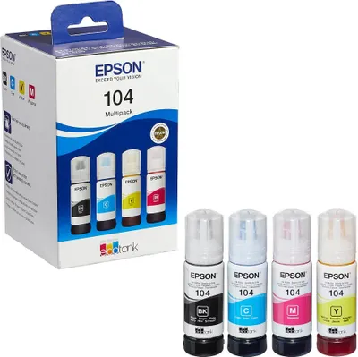 Immagine prodotto di Epson EcoTank 104 - confezione da 4 pezzi - nero, giallo, ciano, magenta - originale - ricarica di inchiostro - per EcoTank ET-1810, 2715, 2721, 2810, 2811, 2812, 2814, 2815, 2820, 2821, 2825, 2826, 4800