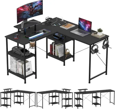 Produktbild von Gaming Tisch mit Steckdose & USB,L-Form Eckschreibtisch Computertisch Schreibtisch mit Monitorablage, PC Tisch mit Kohlefaseroberfläche 130x50x74cm