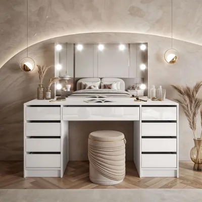 Produktbild von lukmebel Schminktisch ELITE II, mit Spiegel und dimmbarer LED-Beleuchtung, Weiß und Kaschmir, Modern, Hochglanz-Finish, B: 1.57 H: 1.42, geräumige Schubladen