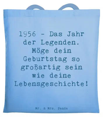 Produktbild von Mr. & Mrs. Panda Tote Bag Spruch 1956 Geburtstag - Sky Blue - Geschenk, handgefertigt, Happy Birthday, Schultasche, Alter, Tasche, Laptoptasche, Jahr der Legenden