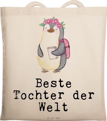 Produktbild von Mr. & Mrs. Panda Schultasche Pinguin Beste Tochter der Welt - Transparent - Geschenk, Uni Tasche, Tote Bag, Dankeschön, Shopping, Jutebeutel, Vater, Töchter, Geburt