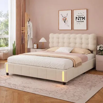 Immagine prodotto di Letto imbottito 160x200cm, letto contenitore letto matrimoniale con rete a doghe e LED, letto a molle idrauliche letto per ragazzi, letto funzionale in velluto, beige