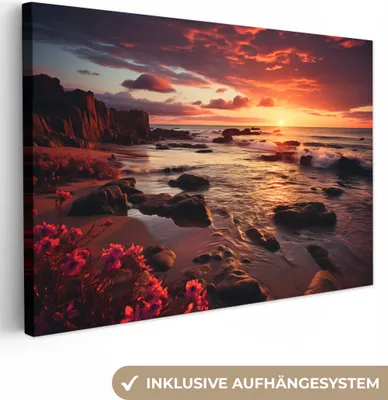 Produktbild von MuchoWow® - Leinwandbilder - Strand - Sonnenuntergang - Blumen - Felsen - Meer, Wandbild, Wanddeko Bilder Wohnzimmer, 30x20 cm