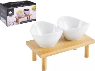 Image de Service minimaliste de bols en porcelaine et table en bambou - 8719987146879