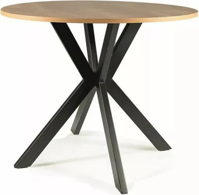 A round dining table with a wooden top and a black metal base.