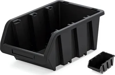 Two black storage bins of different sizes on a white background.