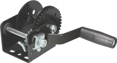 A black hand winch with a crank handle is shown against a white background.