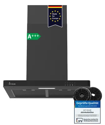 Produktbild von KKT KOLBE Dunstabzugshaube Wandhaube DELTA350S, 60 cm schwarz Umluft Abluft Druckknopf Bedienung, LED-Beleuchtung, inkl. Aktivkohlefilter, 3 leise Leistungsstufen, KI-generiertes Bild