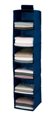 A hanging closet organizer with multiple shelves filled with folded clothes.