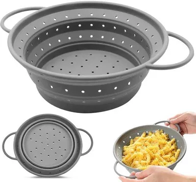 Produktbild von Unyqoos® Faltbares platzsparendes Küchensieb aus lebensmittelechtem Silikon mit Griffen – mikroperforiert, spülmaschinenfest für Pasta, Gemüse & Obst, ideal fürs Camping