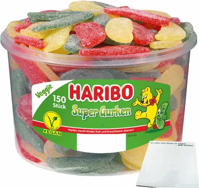 Produktbild von Haribo Super Gurken Fruchtgummi Veggi Vegan (150 Stck.) + usy Block