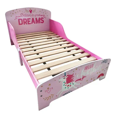 Produktbild von Einhorn Kinderbett Rosa mit Rausfallschutz, seitlichem Ablagetisch & Lattenrost, Juniorbett für Mädchen, Gesamtmaße 142,4×77×60 cm, geeignet für Matra