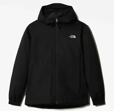 A black jacket with a hood is displayed against a white background.
