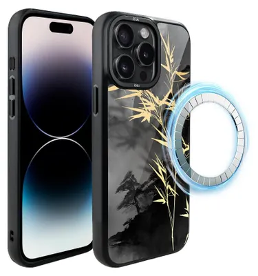 Zdjęcie produktu dla Etui do iPhone 14 Pro, kompatybilne z MagSafe, czarne matowe boki, bambus ze złotem