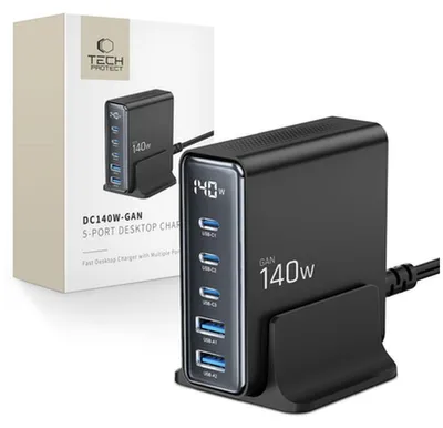 Produktbild von Tech-Protect Dc140W-Gan 5-Port Desktop-Ladegerät Pd140W/Qc3.0 Schwarz
