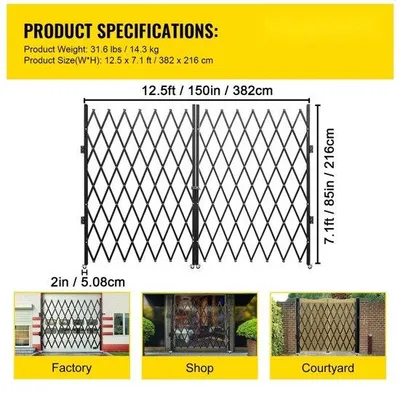 Image de Porte pliante double sécurité - Porte à ciseaux rétractable - 0,5-12 pieds - Porte à ciseaux portable avec roulettes 360° - Pliable - Extérieur Porte de cave, garage, vitrine, clôture - Noir Porte pliante double.