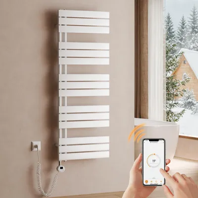 Produktbild von S'AFIELINA Handtuchheizkörper Elektrisch 1320×500mm, Badheizkörper Elektrisch mit Thermostat, WiFi, programmierbarem Timer, LCD-Anzeige, 800 W, Weiß