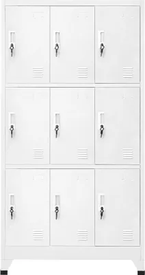 A white metal locker with 9 compartments, each with a key lock and ventilation slots.