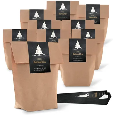 Produktbild von Logbuch-Verlag 25 kleine Geschenkbeutel FROHES FEST Weihnachten braun 16,5 x 26 x 6,5 cm mit Aufkleber rot grün Verpackung Papiertüte GeschenktüteWeihnachtsgrüße Schwarz Weiß / 10 Stück