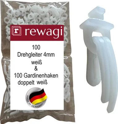 Produktbild von rewagi 100 Drehgleiter & 100 Gardinenhaken doppelt weiß für Gardinenschiene, Überklipshaken, Faltenhaken, Faltenlegehaken, Gardinenhaken -  3,8-4,2mm