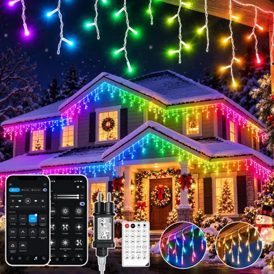 Image de 10 mètres, 400 LED, guirlande lumineuse intelligente, contrôle par application, effets de lumière RGB, 17 modes, minuterie, fonction de mémoire, possibilité de connecter plusieurs guirlandes, idéal pour les décorations de Noël, éclairage d'intérieur ou extérieur, rideau lumineux