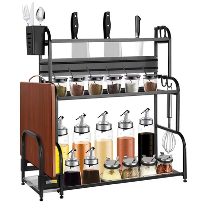 Produktbild von 3 Etagen Gewürzregal Stehend,Küchenregal,Arbeitsplatte Gewürz Lagerung Regal Veranstalter mit Schneidebretthalter und 6 Haken 58x22x60cm Schwarz