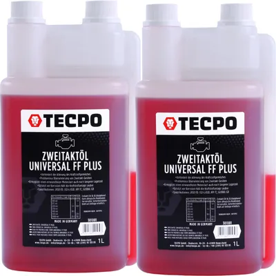 Produktbild von TECPO Zweitaktöl Universal 2-Takt FF Plus 2 Liter, teilsynthetisch, mit Fuel Fresh, für Gemisch & Getrenntschmierung, ideal für Motorsäge, Rasenmäher, Mofa, JASO FD, ISO-L-EGD, API TC, 1:50 mischbar