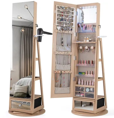Produktbild von COSTWAY Schmuckschrank Ganzkörperspiegel 360° drehbar, Schmuckregal abschließbar mit LED-Leucheten & Schubladen, Schmuck Spiegelschrank 56x164cm Natur