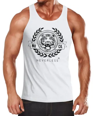 Produktbild von Herren Tank-Top Schriftzug Oldschool Print Tiger Bedruck Muskelshirt Muscle Shirt Neverless® weiss-schwarz XXL