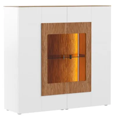 Produktbild von Casa Padrino Vitrinenschrank Weiß / Braun 111 x 40 x H. 138 cm - Moderne Beleutete Massivholz Vitrine - Wohnzimmer Schrank - Barschrank - Wohnzimmer Möbel